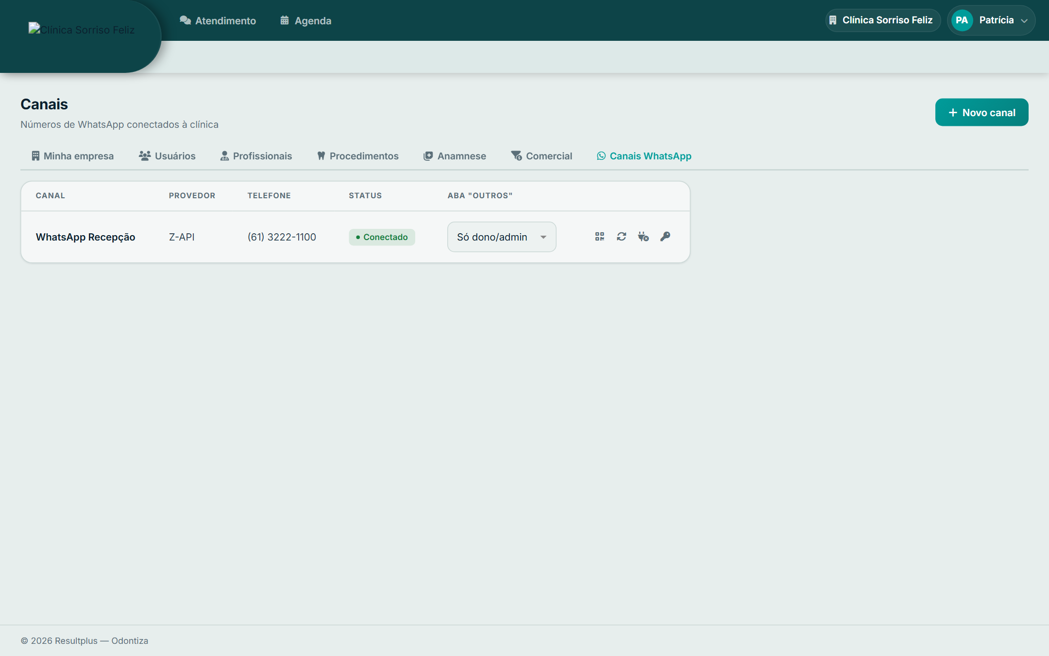 Tela de canais mostrando um WhatsApp conectado via Z-API, com status Conectado