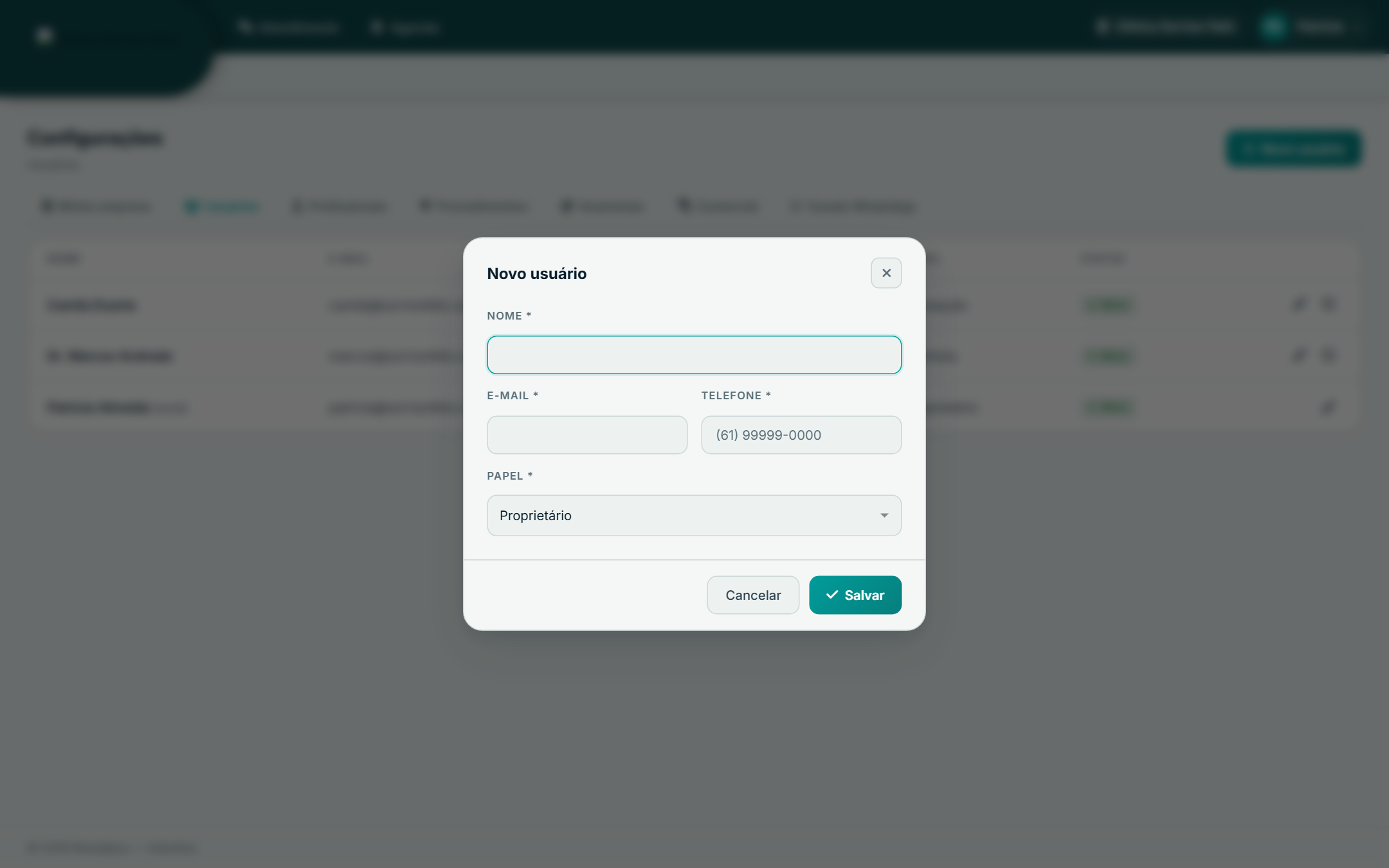 Janela de novo usuário com campos Nome, E-mail, Telefone e Papel