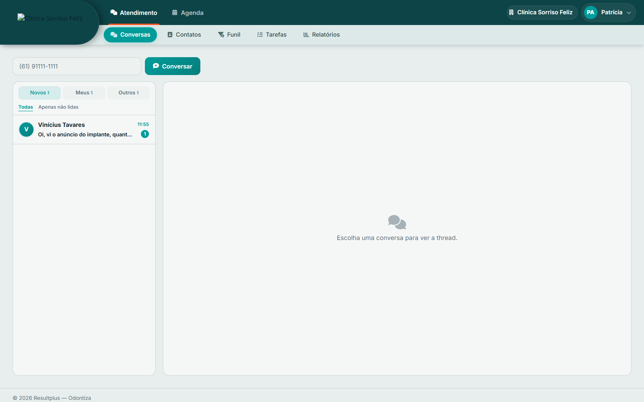 Inbox de conversas com abas Novos, Meus e Outros, cada uma com contador