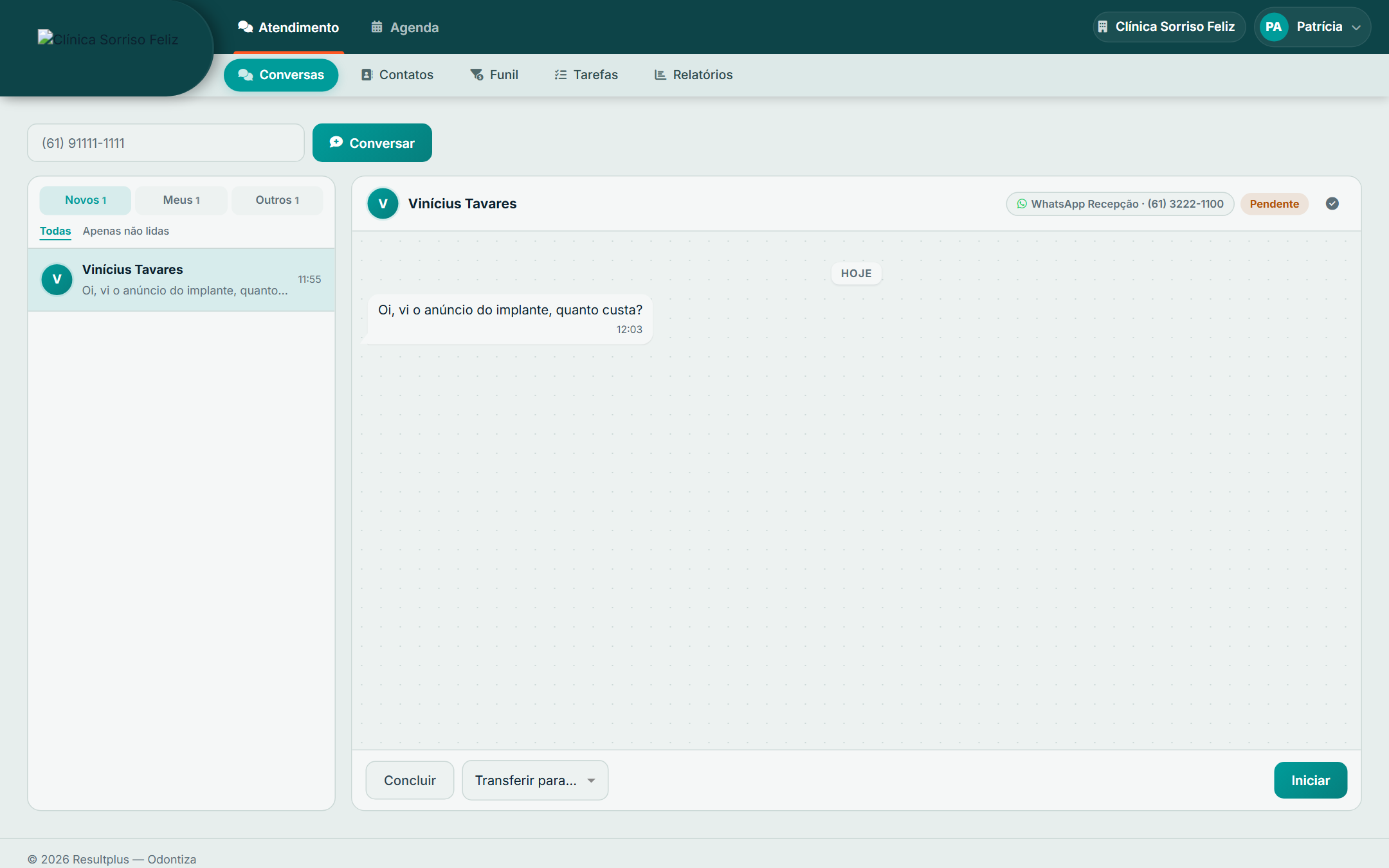 Thread de conversa aberta com botões Concluir, Transferir para e Iniciar