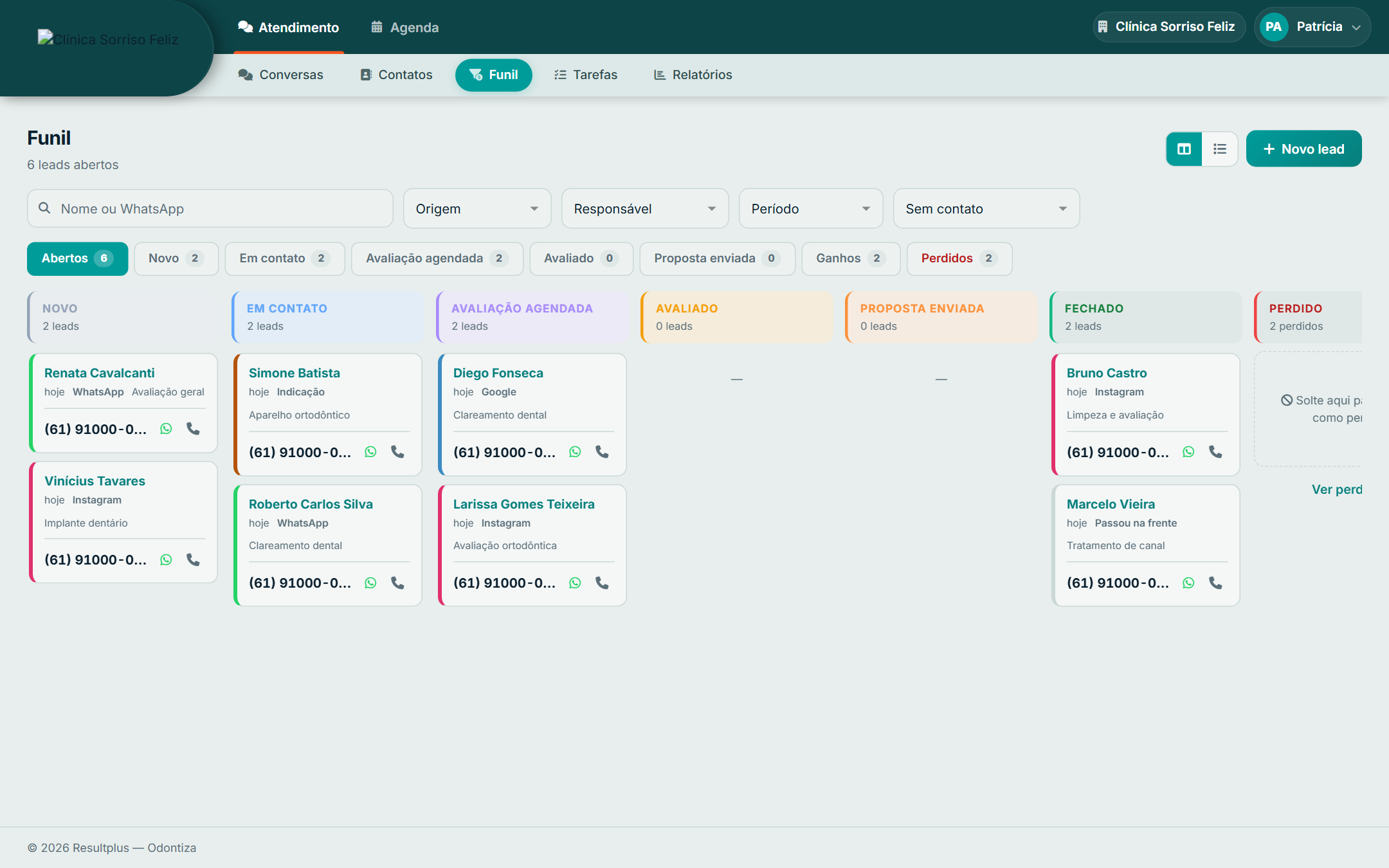 Kanban do funil com colunas Novo, Em contato, Avaliação agendada, Avaliado, Proposta enviada, Fechado e Perdido