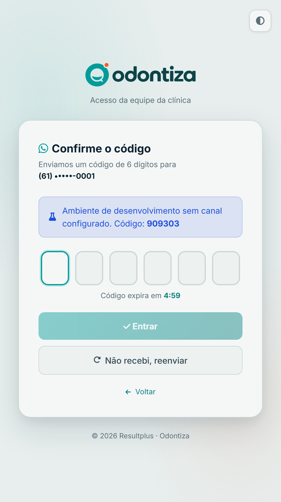 Tela pedindo os 6 dígitos do código de acesso