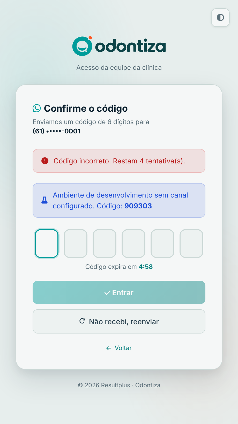 Mensagem de código incorreto, com tentativas restantes