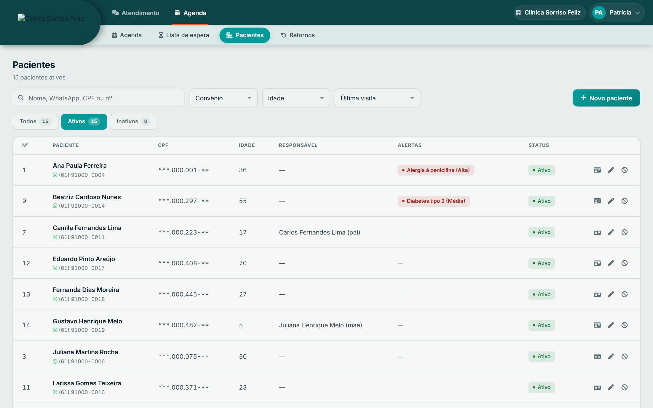 Lista de pacientes com busca, filtros e coluna de alertas